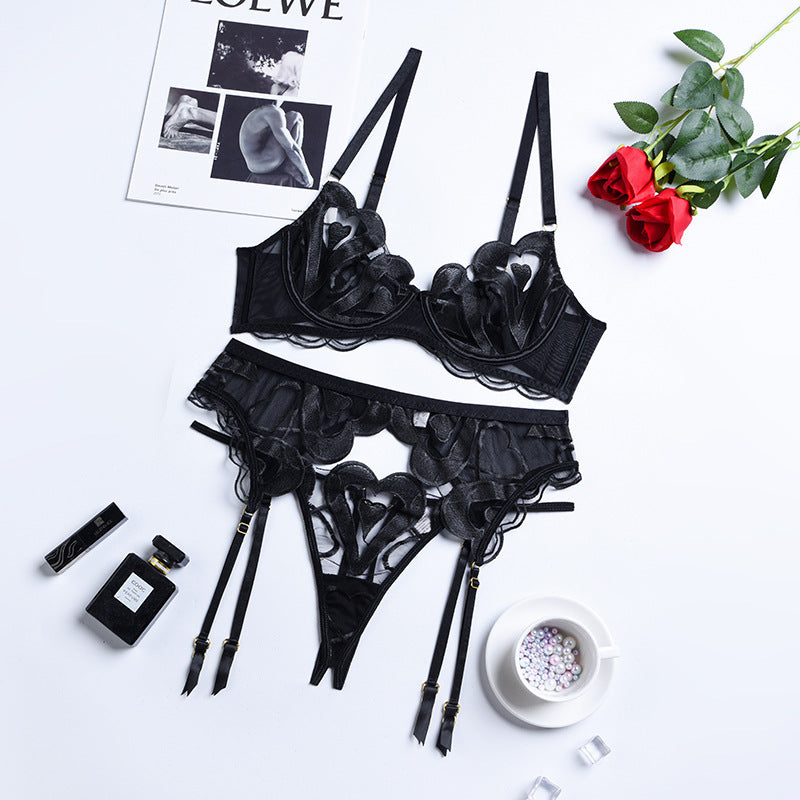 Heart-Shaped Lace Mesh Embroidery Lingerie Set