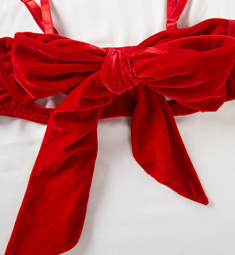 Christmas Red velvet hollow bow sexy lingerie