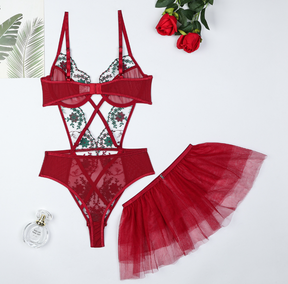 Christmas Detachable Heavy Embroidery Lace Sexy Bodysuit