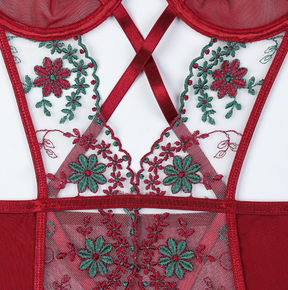 Christmas Detachable Heavy Embroidery Lace Sexy Bodysuit