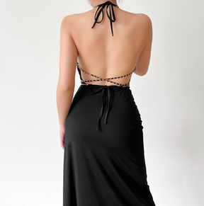 Chain Strap Halter Neck Slit Sexy Dress