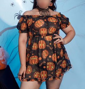 Plus Size Sexy Lingerie Sexy Mesh Pumpkin Print Nightdress Halloween