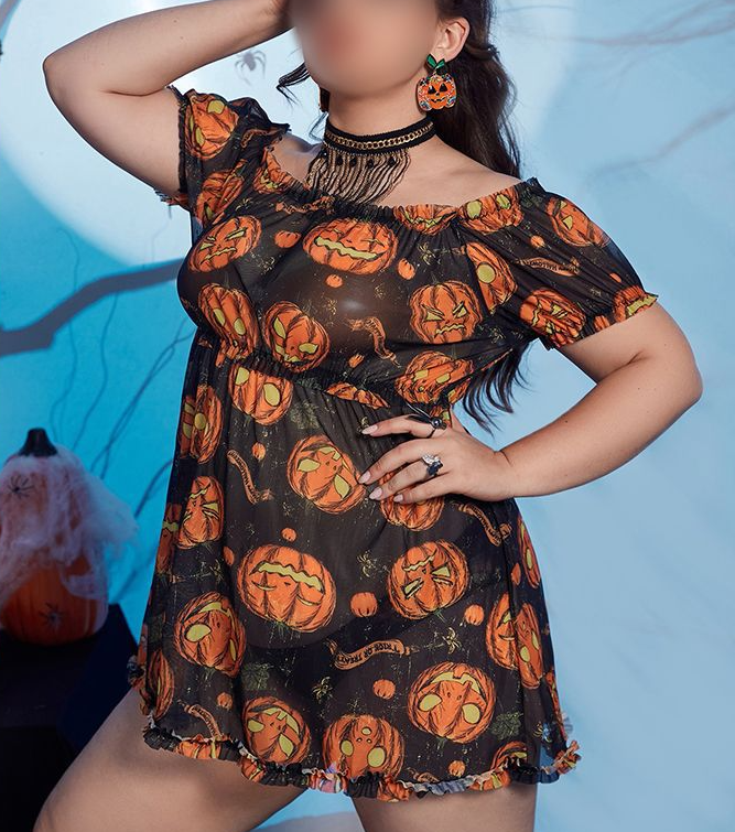 Plus Size Sexy Lingerie Sexy Mesh Pumpkin Print Nightdress Halloween