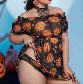 Plus Size Sexy Lingerie Sexy Mesh Pumpkin Print Nightdress Halloween