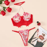 Flower Embroidered Halter Neck Lingerie Set