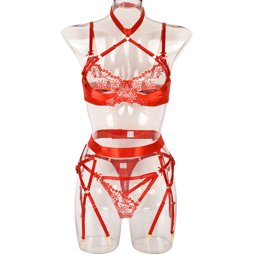 Halter Neck Sexy Hollow Satin Stitching Three-piece Lingerie Set