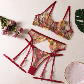 Sexy Perspective Yellow Pastoral Floral Lingerie Set