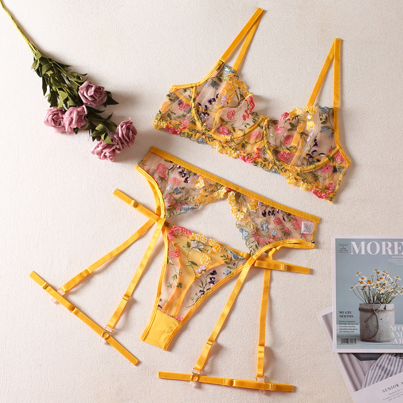 Sexy Perspective Yellow Pastoral Floral Lingerie Set