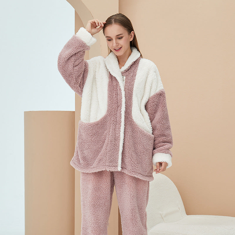 Coral Fleece Pajamas Long Sleeve Stitch Zipper Loungewear