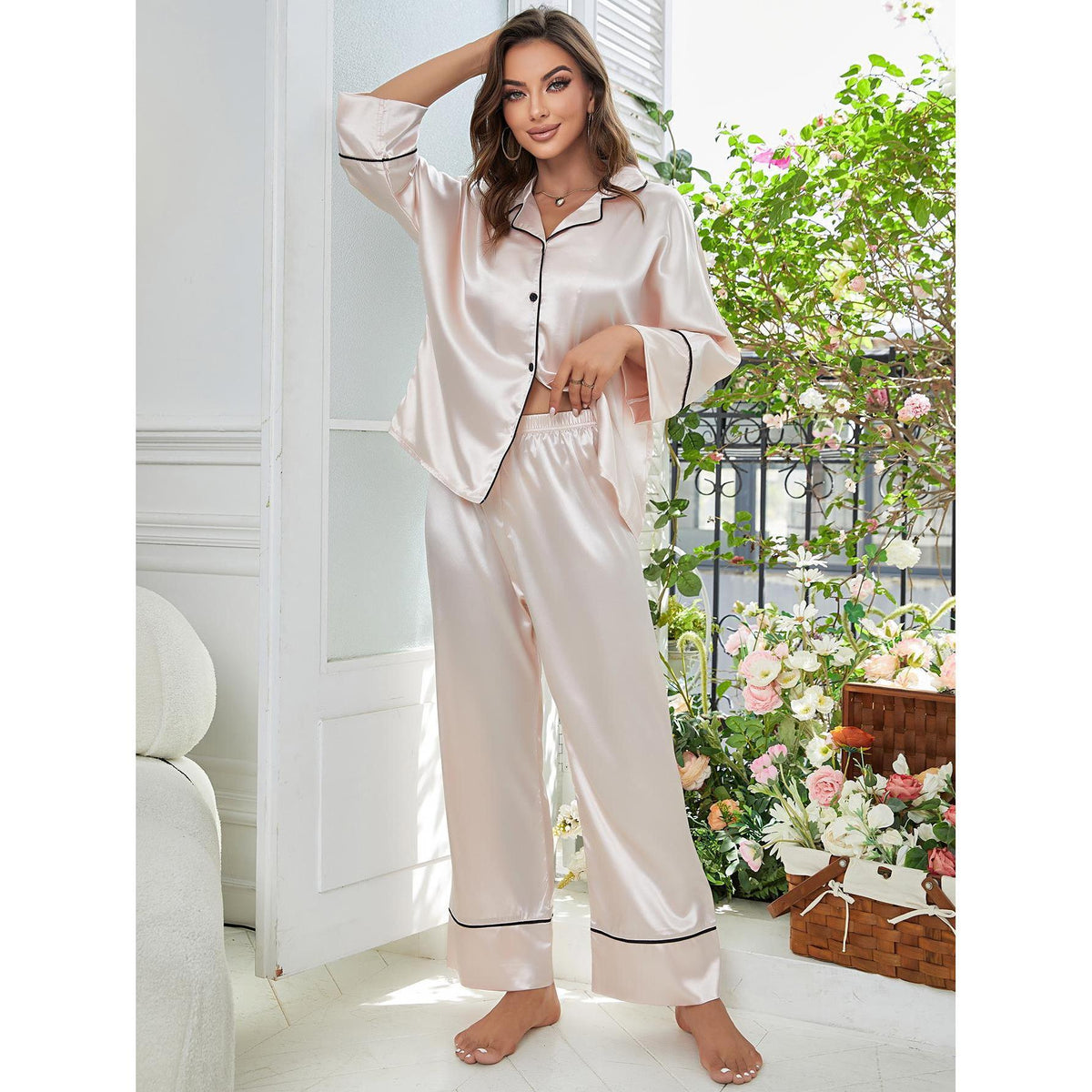 Silk Soft Long Sleeves Pajamas Sleep Wear